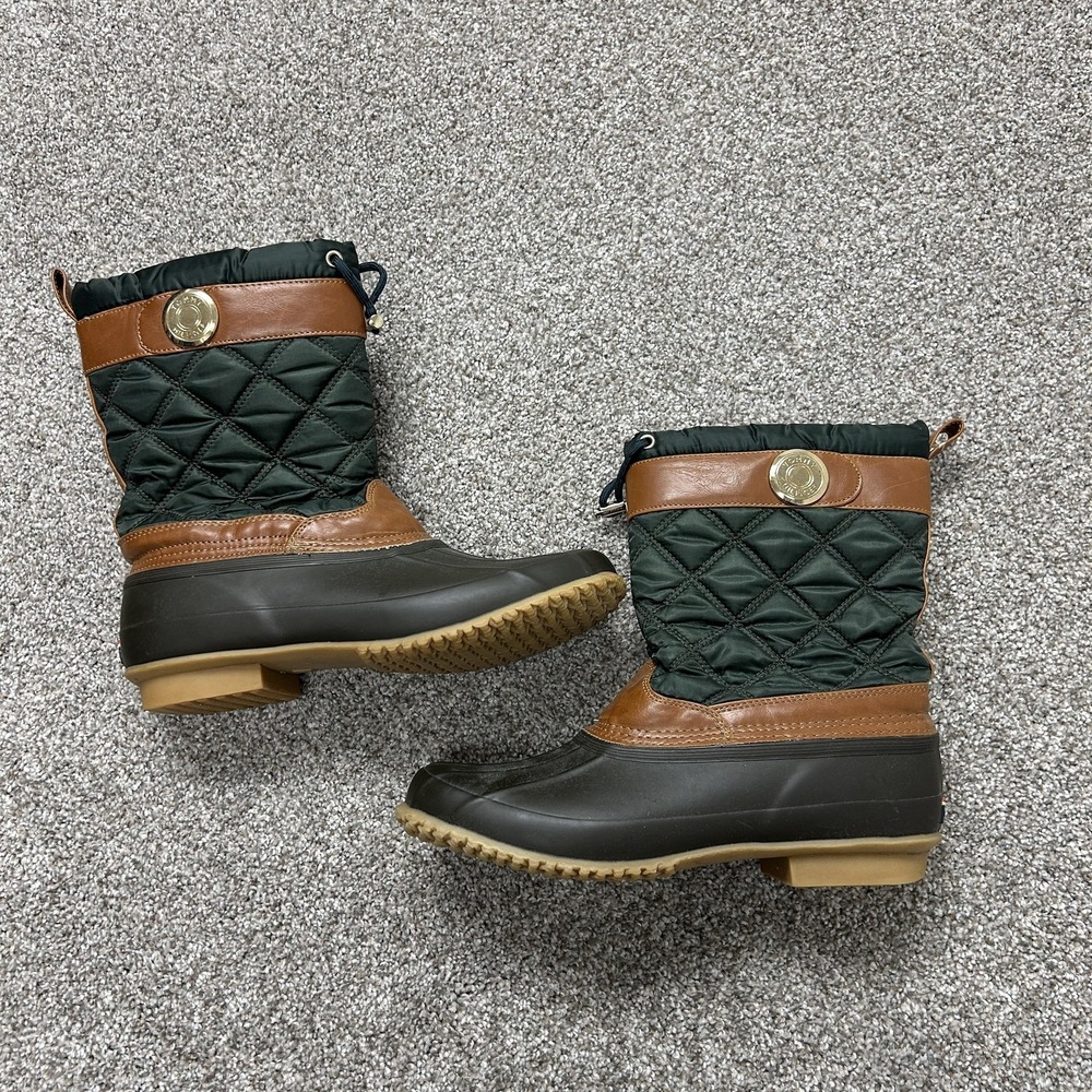 Tommy Hilfiger Boots Womens Size 10 Green Quilted Nylon Mid Calf Duck Insulated